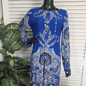 AGB Blue and Gold Paisley Long Sleeve Dress